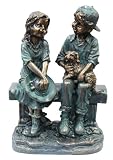 Alpine Girl and Boy Sitting on Bench with Puppy Statue