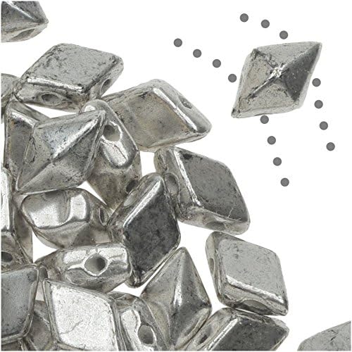 Czech Glass DiamonDuo, 2-Hole Diamond Shaped Beads 5x8mm, 12 Grams, Antique Silver