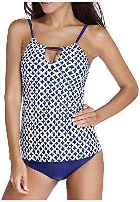 AISUVOLVO Women Banded Printed Strip Tankini with Triangle Briefs Swimsuits Swimwear Two Pieces Bikini Set (12-14(Tag XL), Blue)
