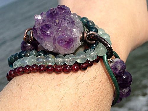 Eclectic Raw Amethyst Multi-strand Bracelet with Aquamarine, Apatite and Garnet. Bohemian, Boho, Rustic, Asymmetrical, Paisley.
