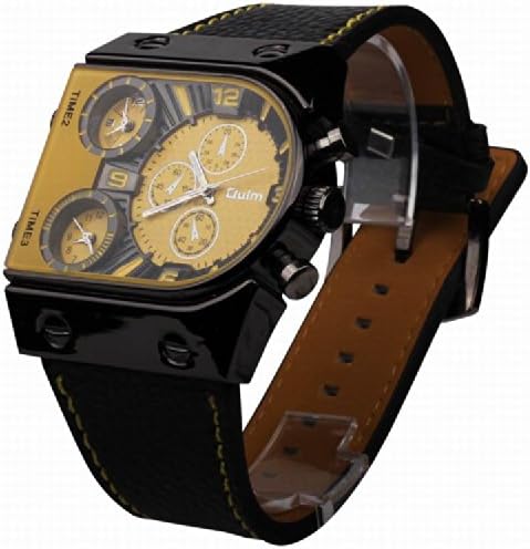Oulm Unisex Sports Analog Russia Military Army Multi-time Zones 3 Times Yellow Dial Quartz Leather Watches