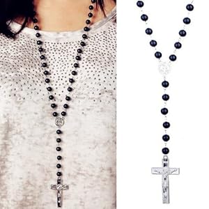 Rosary Black Bead Crucifix Cross Pendant Chain Necklace