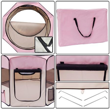 X Large 57 Inch Diameter 36½-in Height Octagon Pet Playpen Dog Pup Exercise Pen Canine Train Kennel Pink Mesh Cover Panels Zipper 2 Doors Case Waterproof Portable