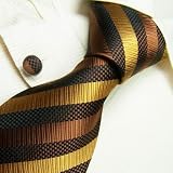 NEW Y&G Designer hand made brown yellow stripes 100% Jacquard Woven Pure Silk Mens Neck Tie and Cuff Links Set 9428