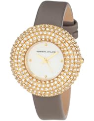 Kenneth Jay Lane Womens KJLANE-2503S-014  Mother-Of-Pearl Dial Crystal Accented Grey Silk and Leather Watch