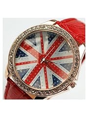 Aokin Women Lady Girl Union Jack British Flag Leather Quartz Watch, Multi-colored Options (Red)