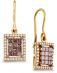 14K Yellow Gold Princess Cut Chocolate Brown and White Diamond - Emerald Shape Halo Invisible & Channel Set Dangle Earrings - (1.00 cttw.)