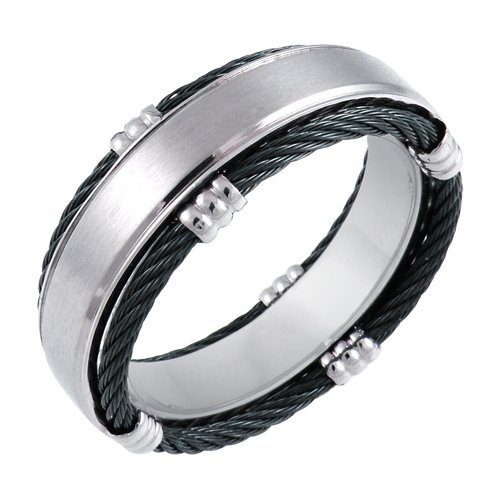 Mens Titanium 8.5mm Band Ring with Black Cable Detail, Size 12