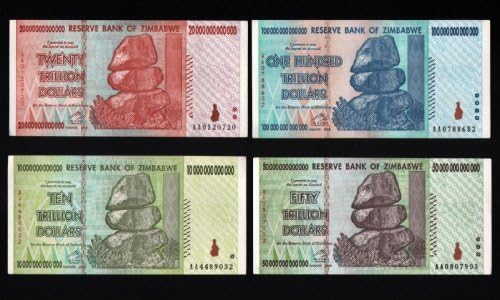 Zimbabwe Banknotes Set 4 Notes 10 20 50 100 Trillion Currency Record