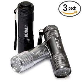 Denali Super Bright 9-LED Heavy-Duty Compact Aluminum Flashlight, 3-Pack