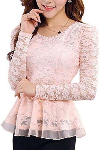 LOCOMO Lace Crochet Floral See Through Sheer Ruffle Peplum Blouse FFK062PNKL