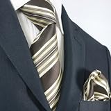 Landisun 46L Medium Brown Stripes Mens Silk Tie Set: Tie+Hanky &Plastic Hook