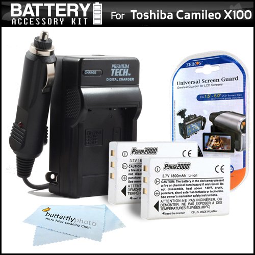 2 Pack Battery And Charger Kit For Toshiba Camileo X100 H30 Full-HD Camcorder Includes 2 Extended (1850Mah) Replacement PX1657 Batteries + Ac/Dc Travel Charger + LCD Screen Protectors + MicroFiber Cleaning Cloth