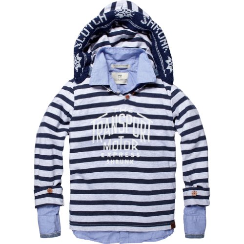 Scotch & Soda Kids - Boys Navy Striped Long Sleeve Hooded Tee with Faker Inner Shirt