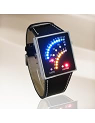 Multicolor LED Fan Dial Watch with Black Faux Leather Band - tells time by Colourful Arcs of 29 individual LEDs - Futuristic Japanese Style LED Watch-MULFANLED