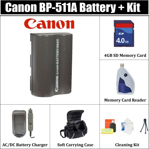 Canon BP511A 1390mAh Lithium Ion Battery Pack for Canon EOS 50D, 40D, 30D, 20D, 10D, 5D, D60, G6 Digital Cameras + ACCESSORY KIT WITH AC/DC RAPID HOME AND CAR CHARGER + 4GB SDHC MEMORY CARD + SD CARD READER + SOFT CARRYING CASE & MORE !!