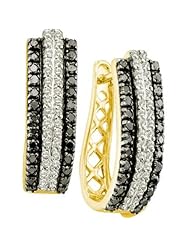 1.03 Carat (ctw) 14k Yellow Gold Round Black & White Diamond Ladies Fashion Hoops Earrings