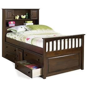 Twin Size Captain's Bed with Underbed 4 Storage Drawer Chest Antique Walnut Finish by Atlantic Furniture