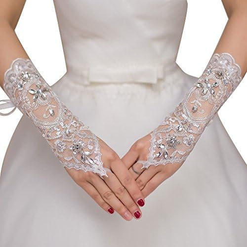 Zhu Li Ya Fingerless Beaded Wedding Gloves Lace Embroidered Bridal Gloves (One Size Fits All, Ivory)