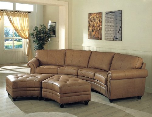 Traditional Style Beige Color Top Grain Leather Media Sectional Sofa