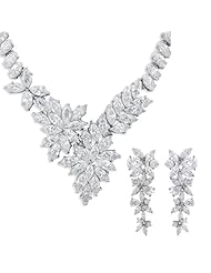 JanKuo Jewelry Silver Tone Fancy Prom, Bridal Floral C.Z Necklace and Earrings Set