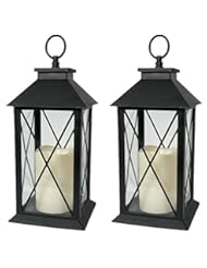 Home: Black Decorative LED Lanterns with Cross Bar Design - Pillar Candle with 5 Hour Timer included - Hanging or Sitting Decoration - Set of 2 - 13"H - Banberry Designs