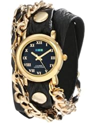 La Mer Collections Womens LMMULTI2016 Black Magic Leather Strap Black Enamel Chain 14k Gold-Plated Jewelry Chains Gold Circle Case Black Dial Watch