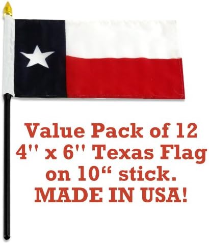 12-pack TEXAS Flag 4" x 6" Classic with spear top on wooden stick. Made in USA!