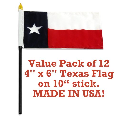 12-pack TEXAS Flag 4" x 6" Classic with spear top on wooden stick. Made in USA!