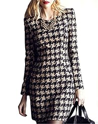 Shift Cotton Round Neck Houndstooth Print Plaid Print Long Sleeves Short Bodycon Dress 