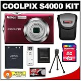 Nikon Coolpix S4000 12 MP Digital Camera with 4x Optical Zoom (Red) with 4GB Card + Battery + Case + Accessory Kit