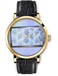 SPRAWL Aanalog Fashion Series Gold Ladies Watches of Genuine Black Leather Strap,Unique Wrist Watch for Women Girls Designed with Dark blue flowers frame
