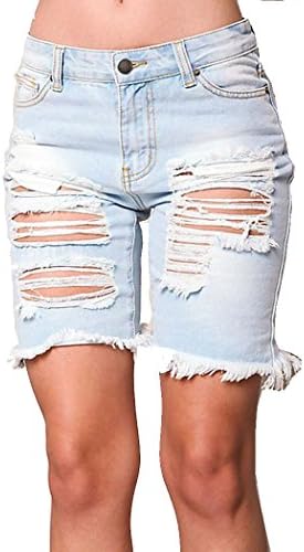 City In Left Woman's Washed Ripped Hole Cropped Short Jeans Light Blue Medium