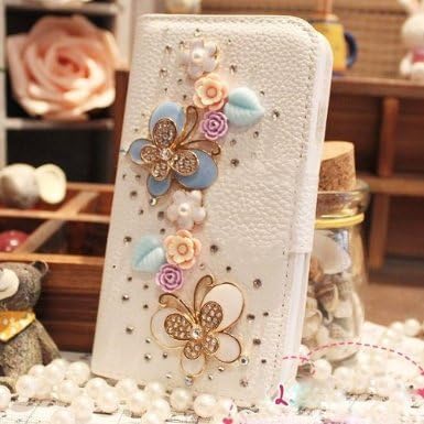 Candymaker Iphone 5C Luxury 3D Bling Crystal Rhinestone Wallet Leather Purse Flip Card Pouch stand cover case + Free Stylus + 2 In 1 Winebottle style Phone Charm/Anti-dust Plug(butterlfy + leaves + flowers )