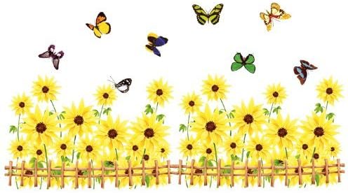 Kappier Yellow Gerbera Daisy Flowers / Sunflowers with Butterflies Over Fences Wall Decals by Kappier