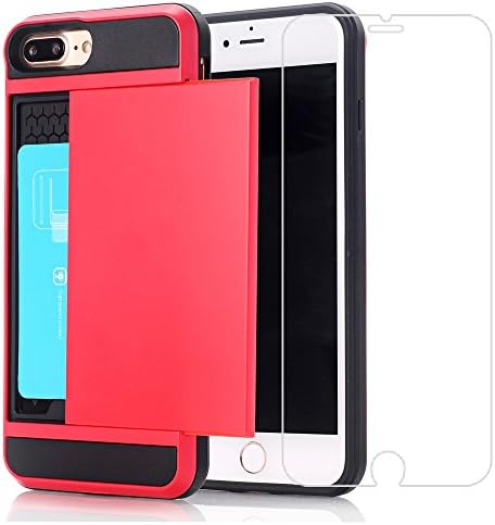 iPhone 7Plus Case+Screen Protector, Small7 Wallet Cover iPhone 7Plus Card Slot Case Protective Shell Rubber Bumper Case Anti-scratches Hard Cover Card Holder Wallet Case for iPhone 7Plus(Red)