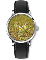 SPRAWL Aanalog Fashion Series Silver Ladies Watches of Genuine Black Leather Strap,Unique Wrist Watch for Women Girls Designed with sunflowers