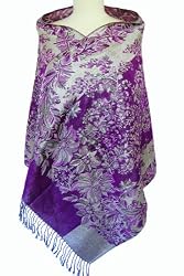SilkNOW Silk and Pashmina Wool with Traditional Floral Pattern Purple Shawl
