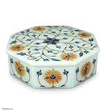 Marble inlay jewelry box, 'Sunflower Bouquet' 6.3 W 6.3 L