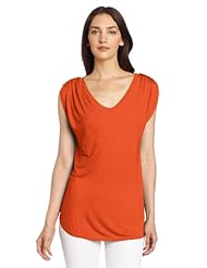 Two by Vince Camuto Womens V Neck Tee with Gathered Sleeves, Rich Brick, X-Small
