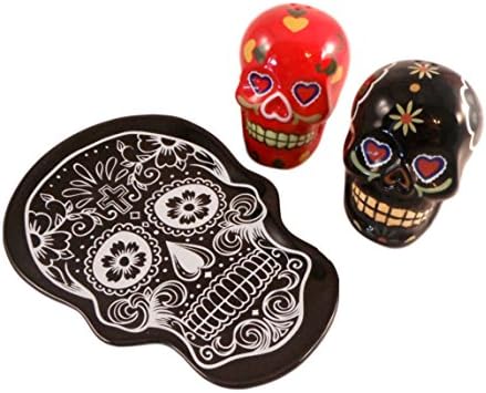 Sugar Skulls Black &amp; Red Ceramic Gift Set - 2 Items: Set of Salt and Pepper Shakers and Dish (Cross Skull)