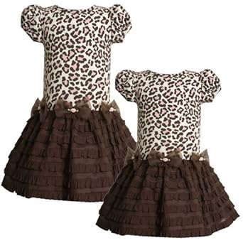 Bonnie Jean LITTLE GIRLS 4-6X BROWN PINK LEOPARD ANIMAL PRINT RUFFLEY DROP WAIST Special Occasion Girl Party Dress
