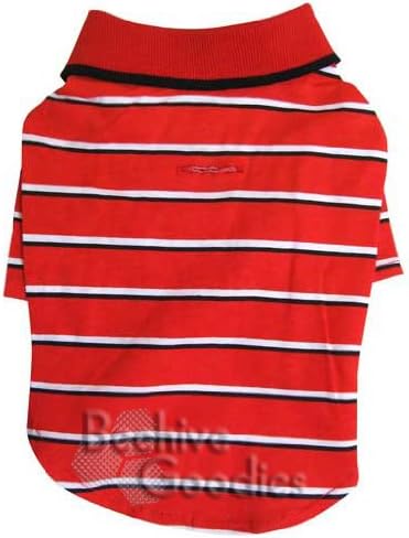 Cute Red/Black/White Stripes Polo Shirt with Ribbed Collar for Small Dogs - S