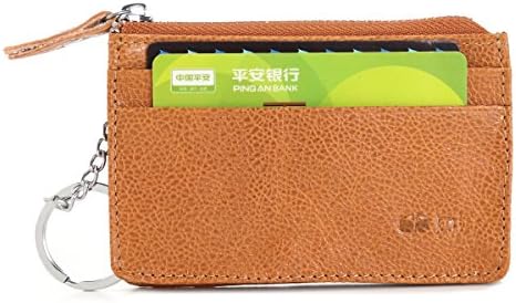 Onepi Genuine Leather Pocket Card Wallet Coin Organizer with Keychain Key Ring - Easy to Carry Thin Wallet (Brown)