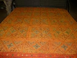 India Vintage Sari Beaded Bedspreads Orange Tapestry King Bed Cover 90x100