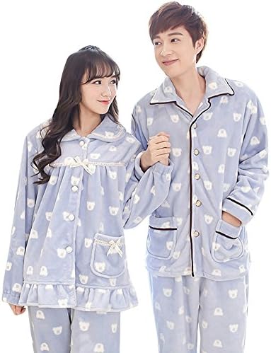 Doneipa Flannel Cute Animal Print Warm Winter Matching Couples Pajama Set Blue Medium
