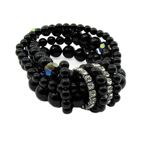 Multi Strand Black Bead Crystal Accent Stretch Bangle Bracelet Fashion Jewelry