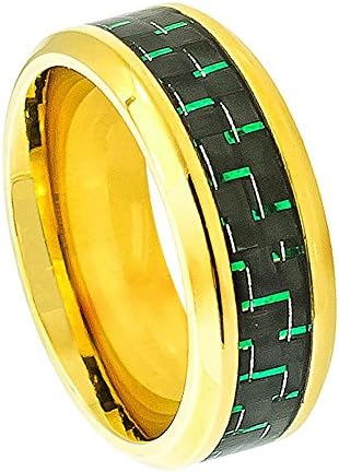 FREE ENGRAVING -8MM Yellow Gold Plated High Polished Beveled Edge Titanium Wedding Band Ring with Green Carbon Fiber Inlay (9)