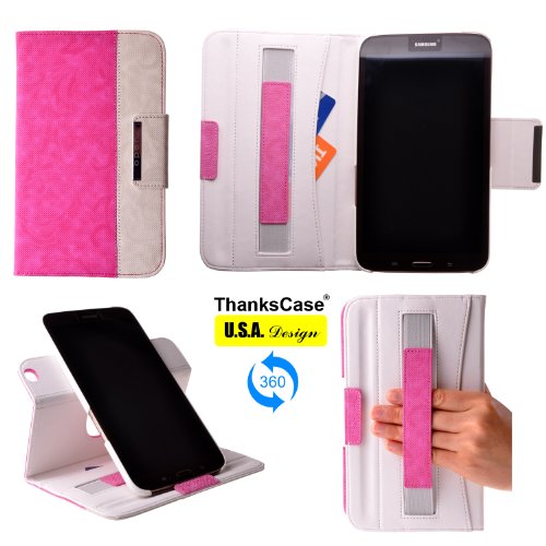 Thankscase Samsung Galaxy Tab 3 8.0 Rotating Wallet Case Cover with Hand Strap with Smart Cover Function,ultra Slim Lightweight Smart Shell Standing Pocket Cover Case for Samsung Galaxy Tab 3 8.0 Sm-t3100 (Pink).