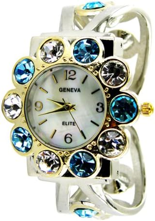 Geneva Women's Floral Colored Crystal Cuff Watch-Gold Blue